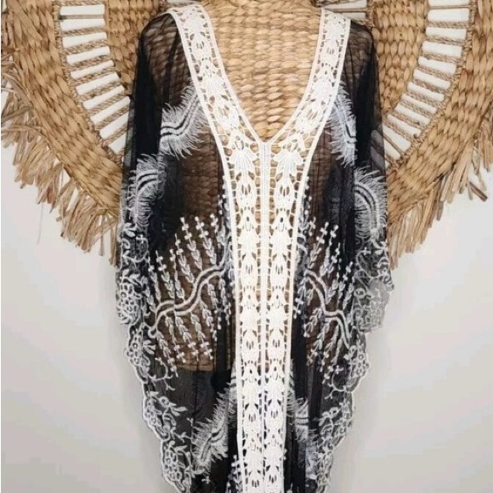 Sheer Black Lace-Trim Swim Coverup
